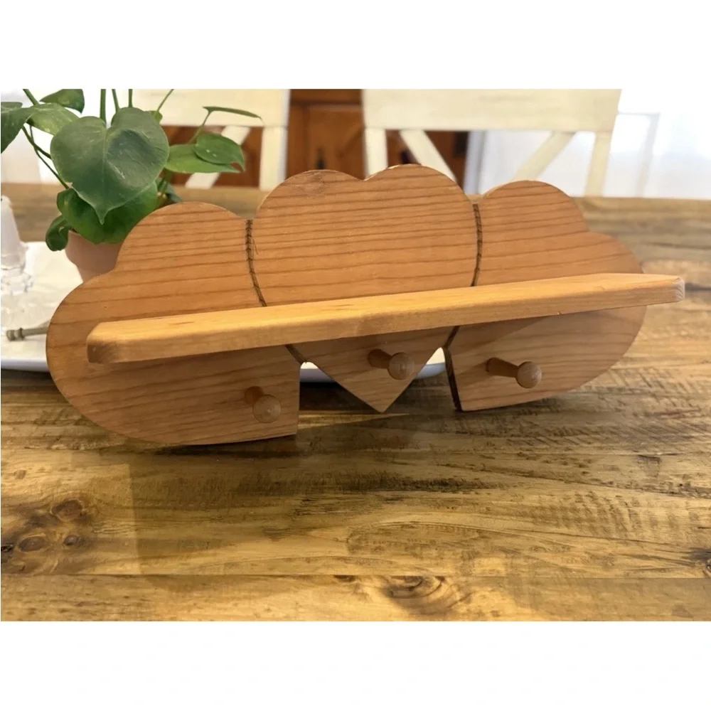 Vintage Solid Wooden Heart Shelf with 3 Peg Hooks 21” Beautiful Piece